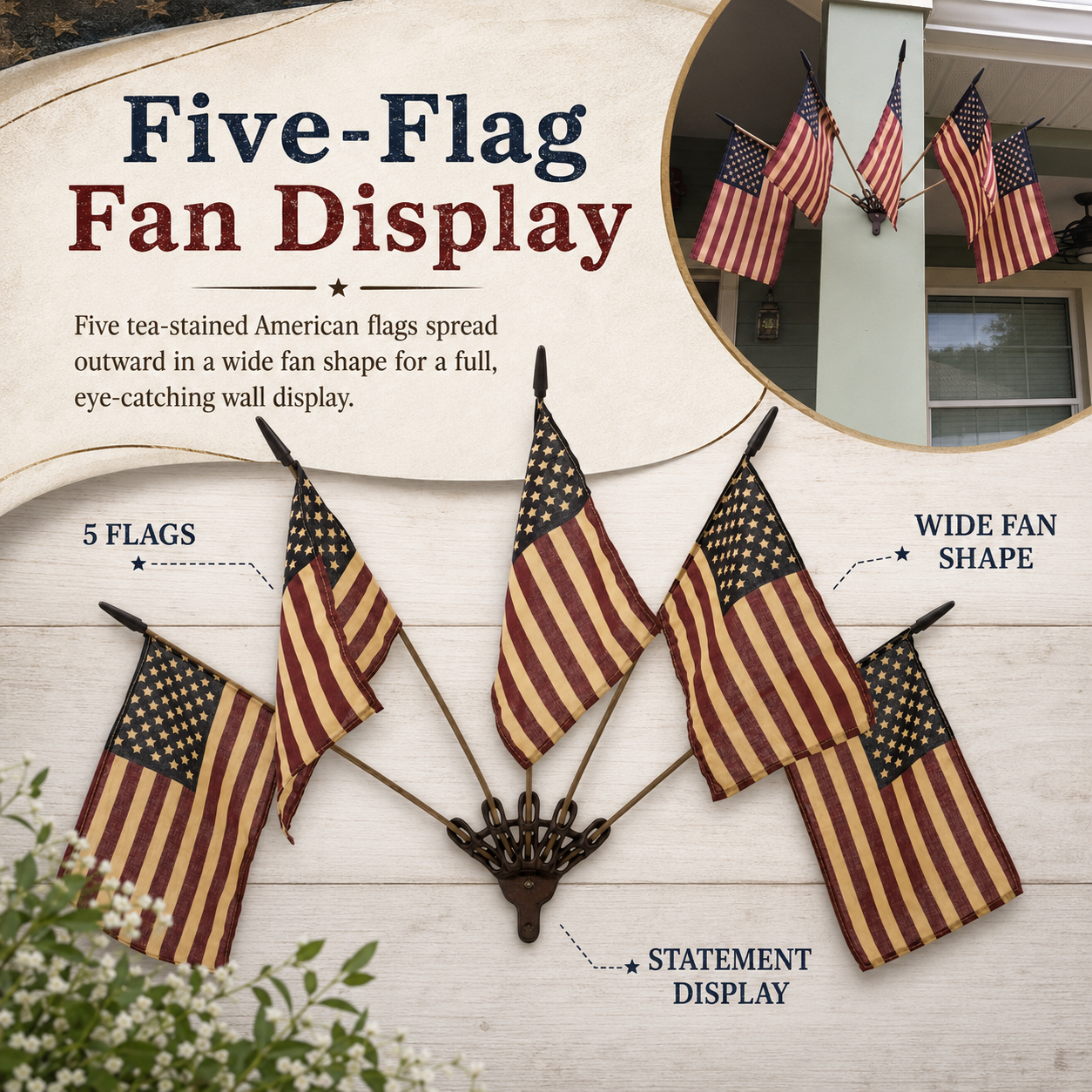 Rustic American Flag Wall Display โ Five Tea-Stained Flags In Cast Iron Holder