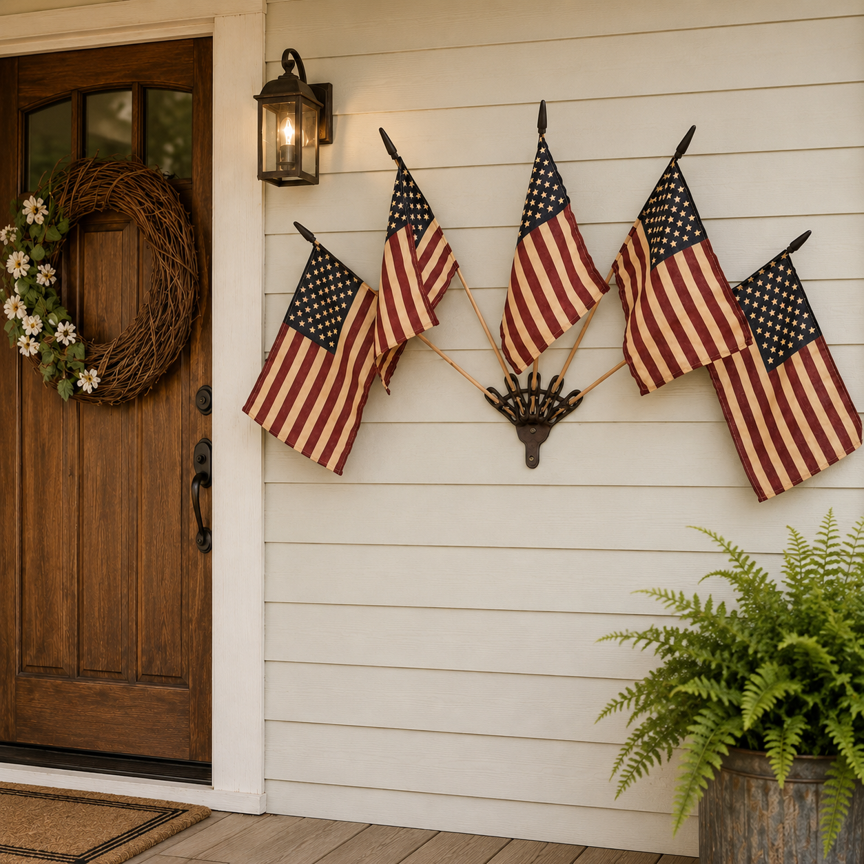 Rustic American Flag Wall Display – Five Tea-Stained Flags In Cast Iron Holder