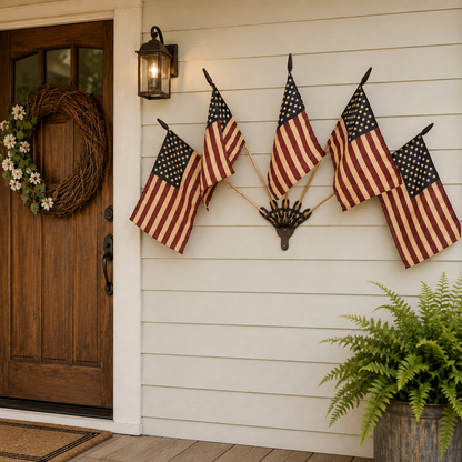Rustic American Flag Wall Display – Five Tea-Stained Flags In Cast Iron Holder