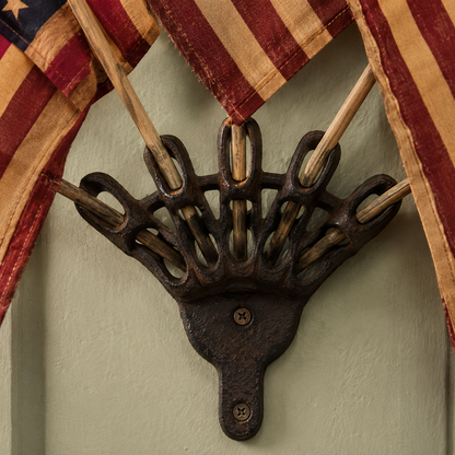 Rustic American Flag Wall Display – Five Tea-Stained Flags In Cast Iron Holder