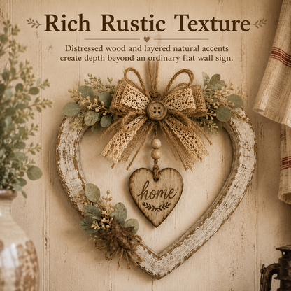 Rustic Farmhouse Heart Wall Decor with "Home" Sign - Distressed texture close-up