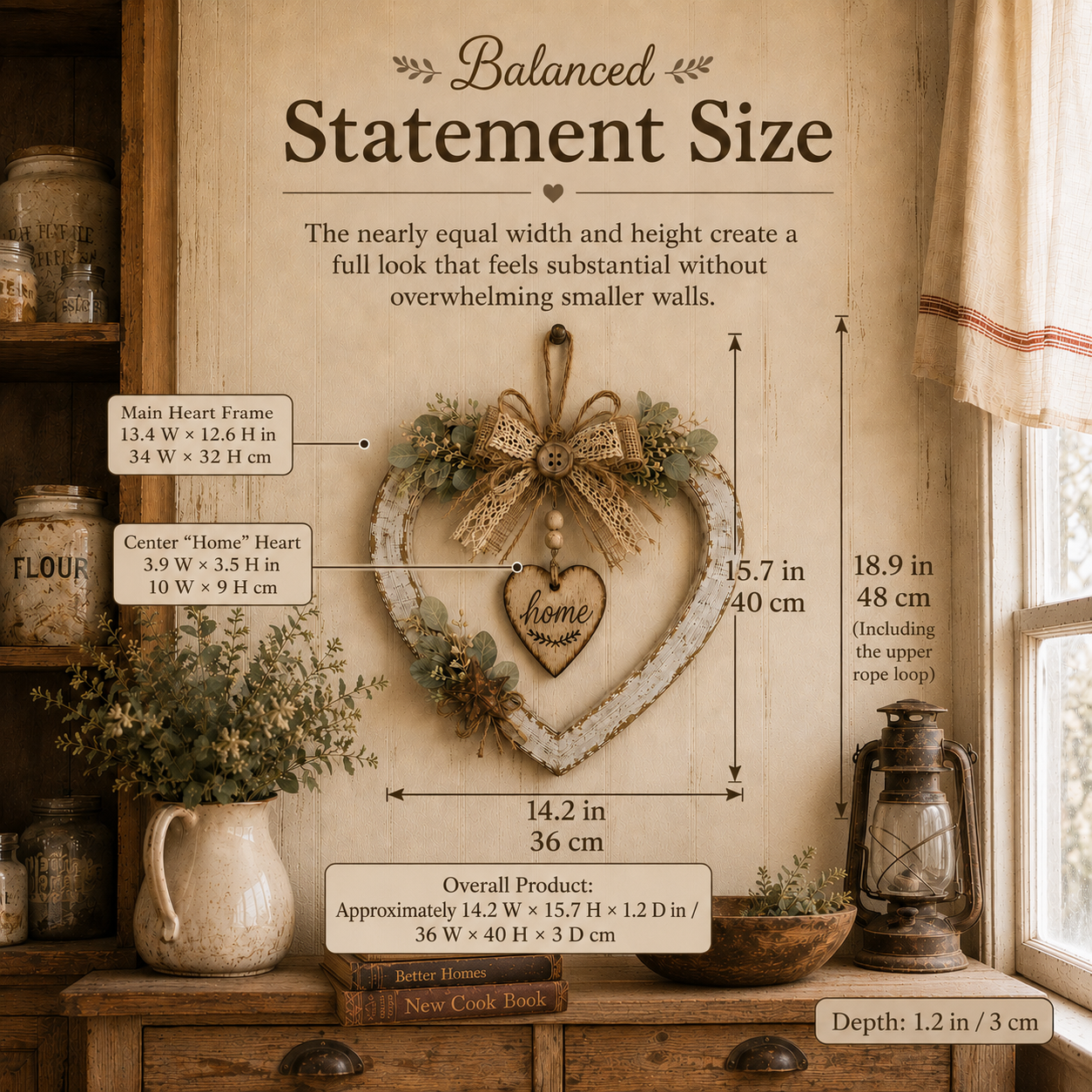 Rustic Farmhouse Heart Wall Decor with "Home" Sign - Product dimensions