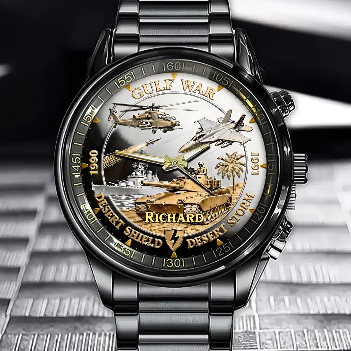Personalized Gulf War Veteran Watch – Custom Name Dial, Desert Shield & Desert Storm Tribute