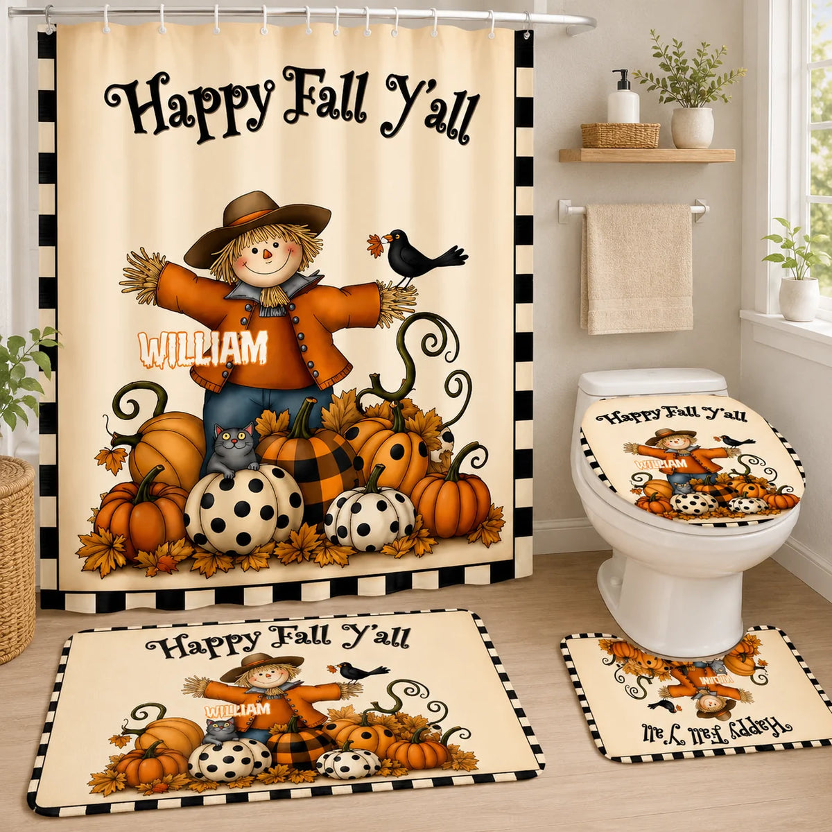 Custom Fall Bathroom Set - Personalized Autumn Home Decor - Harvest Smiles All Season Long