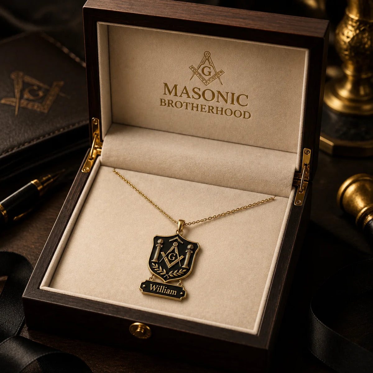 Custom Masonic Shield Necklace - Personalized Freemason Gifts For Men - Wisdom, Honor & Truth