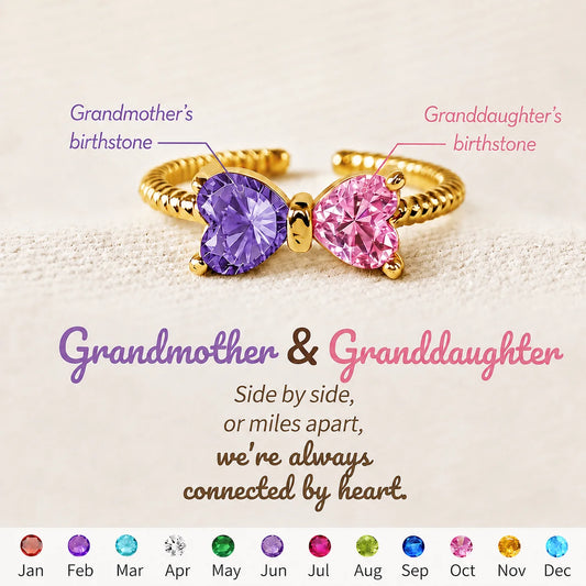 Custom Double Birthstone Bow Ring - Personalized Gifts For Grandmother & Granddaughter - Tied Together By Love