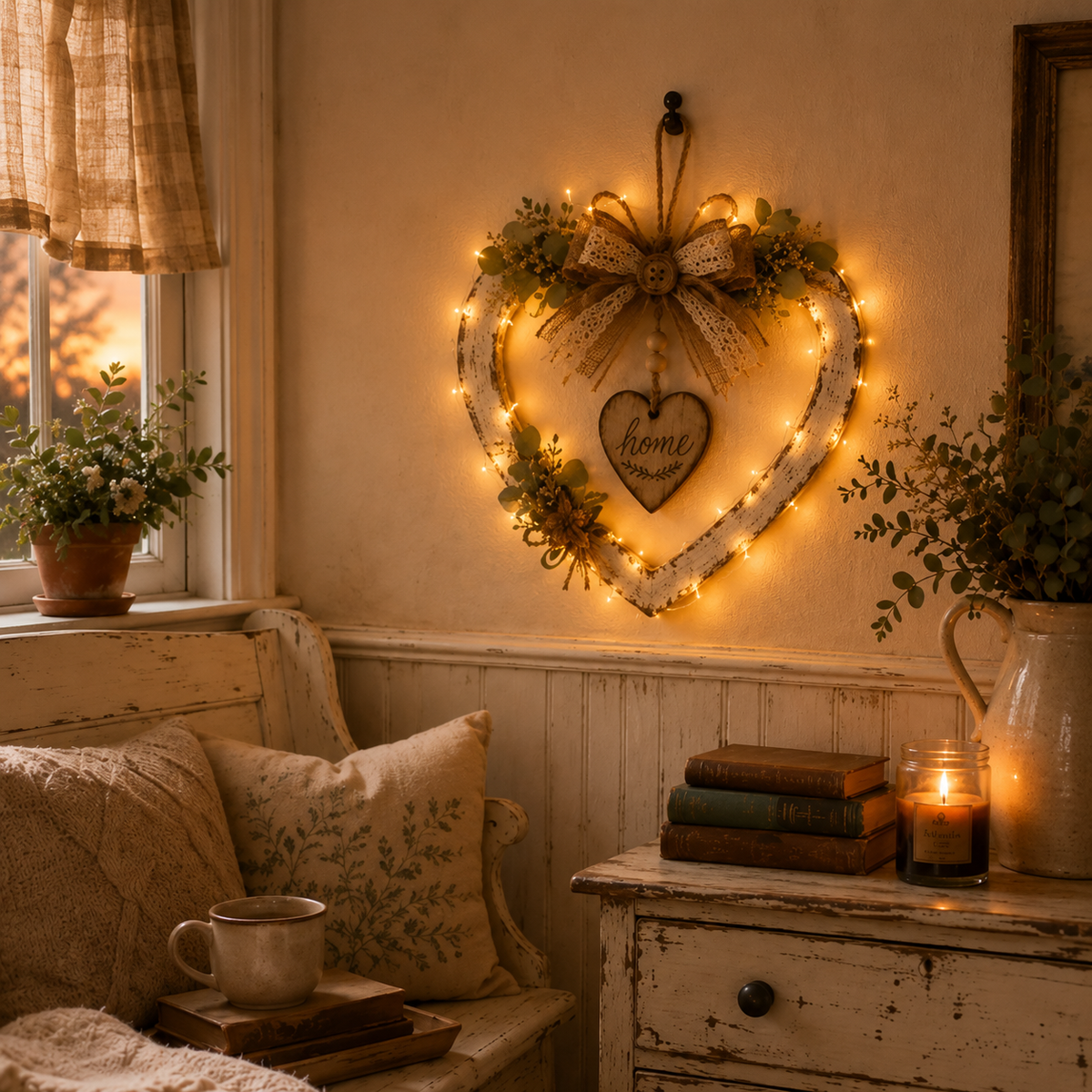 Rustic Farmhouse Heart Wall Decor with "Home" Sign - Lighted Style (Warm Lights)