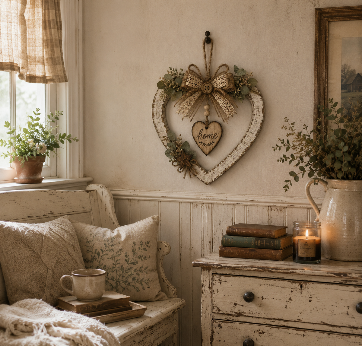 Rustic Farmhouse Heart Wall Decor with "Home" Sign - Classic Style (No Lights)