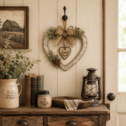 Rustic Farmhouse Heart Wall Decor with "Home" Sign - Farmhouse room display